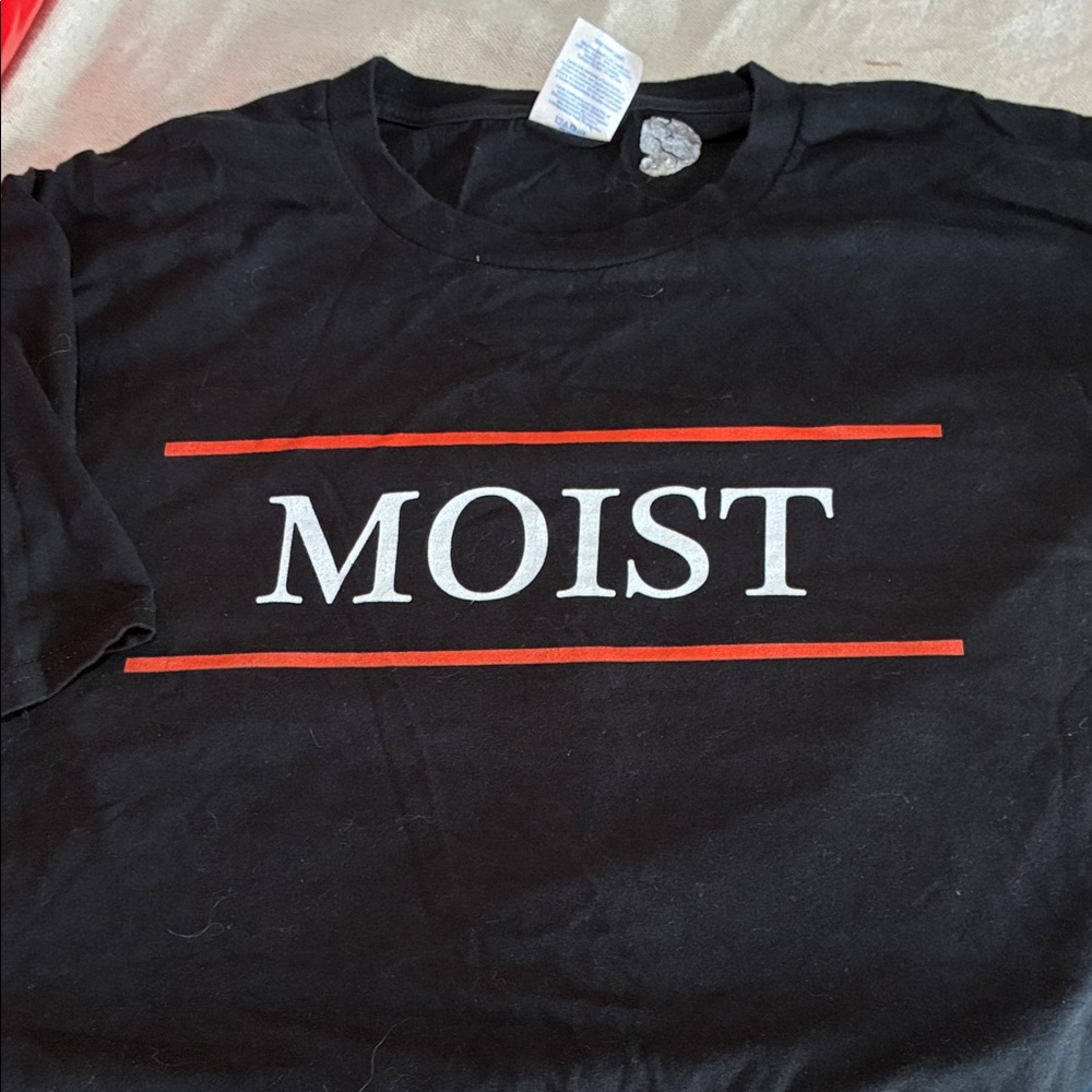 Port and Company Black T‑Shirt with White "MOIST" Text and Red Stripes